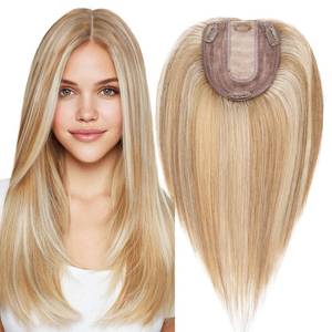 lot 6489 image: MY-LADY Human Hair Toppers for Women Real Human Hair Thin 10  12CM Silk Base with Lace 130% Density Clip in Remy Hairpieces 16 Inch Golden Brown & Bleach Blonde