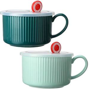 lot 9451 image: Nuenen 2 Pcs Soup Bowls with Lids and Handles 30 oz Microwave Safe Ceramic Soup Mug Microwavable Ramen Containers with Lids Large Colorful Cups for Noodle Cereal kitchen(Blue, Dark Green)