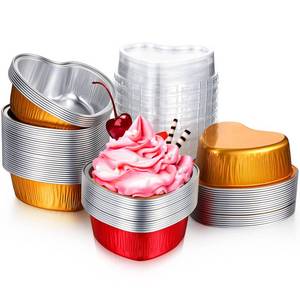 lot 9455 image: Honeydak 100 Sets Heart Baking Pan Heart Shaped Cake Pan Mini Aluminum Foil 3.4oz Disposable Cupcake Tin with Lids for Wedding Mothers Day Party(Simple Style,Red, Gold)