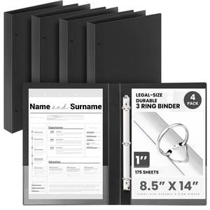 lot 9471 image: Henoyso 4 Pcs Legal Size Durable 3 Ring 1 Black Binder for 8.5 x 14 Paper Hold up to 175 Sheets Round Ring Binders for Artwork Blueprints, Office, Home, Work Places
