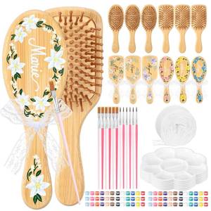 lot 9473 image: Acellegic 12 Set Bamboo Hairbrush Painting Kits Bulk Hand Painted Crafts for DIY Wooden Hairbrush Girls Hand Painted Make Your Own Night Party Supplies with Paint Brush and Palette