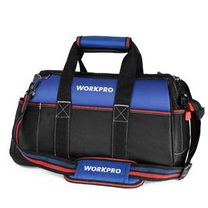 lot 9477 image: WORKPRO 16-inch Wide Mouth Tool Bag, Heavy Duty Cloth Tool Storage Bag with Water Proof Molded Base, Adjustable Shoulder Strap