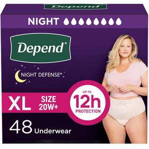 lot 9478 image: Depend Night Defense Adult Diapers, Incontinence & Postpartum Bladder Leak Underwear for Women, Disposable, Overnight, Extra-Large, Blush, 48 Count (4 Packs of 12), Packaging May Vary