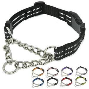 lot 10120 image: Martingale Dog Collars, Reflective Nylon Collar with Stainless Steel Chain, Adjustable Walking Training Dog Collars with Quick Release Buckle, Suitable for Small Medium Large Dogs(Black,M)