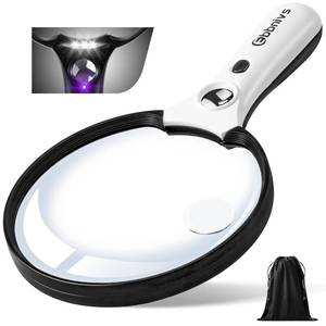 lot 10125 image: Large Magnifying Glass with Light, Magnifier Handheld Illuminated Lighted Magnifier with 3 LED Lights 1 UV Light Storage Bag Clean Cloth for Seniors Reading Inspection
