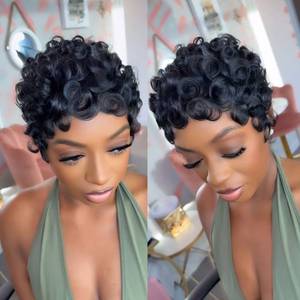 lot 10132 image: VRZ Pixie Cut Wigs for Black Women Brazilian Curly Pixie Cut Wig Human Hair Glueless Short Layered Wigs With Bangs Natural Black Color No Glue Human Hair Wig for Daily Use