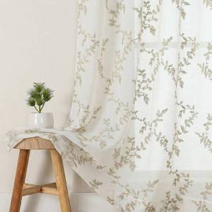 lot 10152 image: OWENIE Linen Sheer Curtains for Living Room - 63 Inch Length 2 Panles Set, Light Filtering Embroidered Leaf Paterrn Linen Textured Semi Sheer for Bedroom, Rod Pocket Farmhouse Window Drapes, 40Wx63L