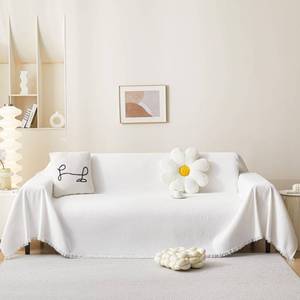 lot 11007 image: MEETSKY White Couch Cover - 91 Inch Large Couch Slipcover with Tassel Edge, Washable Pet Sofa Cover for Dogs & Cats