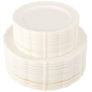 lot 11010 image: U-QE 100 Pieces Ivory Plastic Plates for Party - Ivory Disposable Plastic Plates - Heavy Duty Disposable Platos Including 50 Dinner 10  & 50 Dessert 7.5  for Weddings