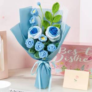 lot 11923 image: ZHIYUXI Blue Crochet Flower Bouquet Handmade Yarn Roses Eternal Knitted Flowers Bouquet for Wedding Anniversary Birthday Pink Gifts for Women