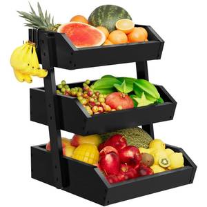 lot 11924 image: Bamboo 3 Tier Fruit Basket For Counter, Large Capacity Fruit Storage Countertop, Fruit Holder, Wooden Pantry Organizers and Storage, Kitchen Countertop Organizer With 2 Banana Hangers (Black)