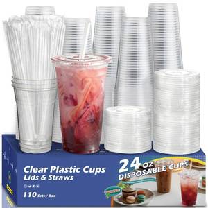 lot 11929 image: Voatree 110 Pack 24 oz Clear Plastic Cups with Lids and Straws, Jumbo Disposable Cold Cups for Iced Coffee, Smoothie, Boba Tea, Party Drinks,BPA-Free Bulk Set