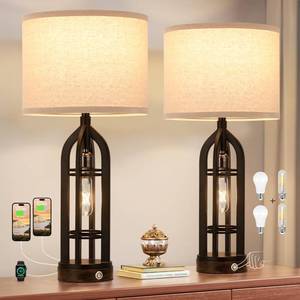 lot 11931 image: Seealle Table Lamps for Living Room Set of 2 - Black Bedside Lamp for Bedroom with USB CA & Outlet, Farmhouse Lamps for Night Stands, 3-Way Dimmable Touch Lamps for Living Room with Oat Shade
