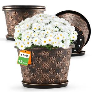lot 11935 image: 12 Inch Planter Pots for Plants, Plastic Large Flower Pots Indoor Outdoor, 4 Pack Resin Plant Pot with Drainage & Saucer, Retro Decorative Garden Pot with Removable Trays for House