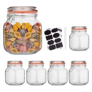 lot 11957 image: Encheng 32 oz Glass Food Storage Jars with Airtight Lids,Clear Airtight Canister with Leak Proof Rubber Gasket,1000 ml Square Large Mason Jars with Clamp Lids for Canning,Cereal,Beans,6 Pack