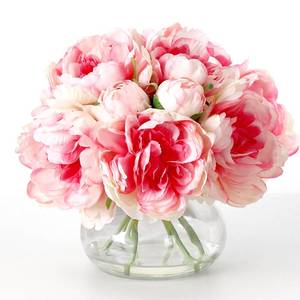 lot 11972 image: homfan Pink Peonies Artificial Flowers in Vase, Silk Faux Peony Fake Flower Arrangements with Glass Vase and Faux Water for Home Decor Wedding Bouquets Table Centerpieces