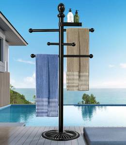 lot 11973 image: Pool Outdoor Towel Rack, 6 Bars with Top Tray Metal Heavy Duty Pool Accessories with Heavy Metal Base, Hot Tub Accessories Towel Dying Rack Towel Stand for Pool, Hot Tub etc
