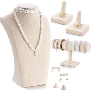 lot 11981 image: Kigley 6 Pcs Jewelry Display Set Necklace Bust T Bar Bracelet Holder Earring Ring Finger Display jewelry Stand for vendors Selling Store Trade Show(Linen)(Missing Big Stand)