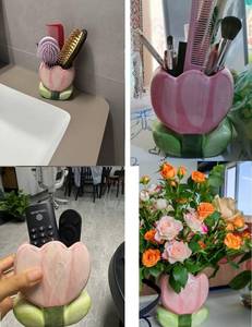lot 11989 image: Cute Toothbrush Holder Makeup Brush Pen Holder for Desk, Succulent Planter Flowerpot, Tulips Pencil Organizer for Office Kawaii (Pink)