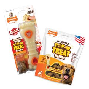 lot 12026 image: Nylabone Knuckle Bone Pop-in Treat Toy Power Chew Toy with 30 Refills, Interactive Treat Dispensing Enrichment Toys for Dogs, Long Lasting Chicken Flavor, Large Dogs - Up to 50 lbs, 2 Pack (Used) (No Treat Bag)
