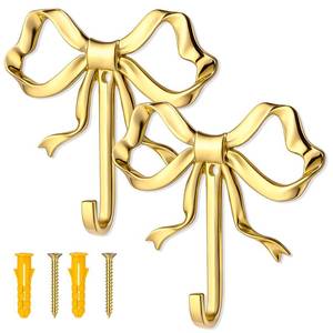 lot 12052 image: BOHUIZ 2 Pcs Large Size Gold Bow Hooks for Wall, 4.74 x 3.54 Inch Bow Knot Brass Coat Hooks Wall Door Decor Holder Hat Towel Hook for Living Room Bathroom Bedroom Kitchen Decorations