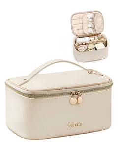 lot 12346 image: Prite Makeup Bag, Large Capacity Portable Travel Cosmetic Bag, Waterproof Makeup Organizer for Women with Handle and Divider (001 Beige)