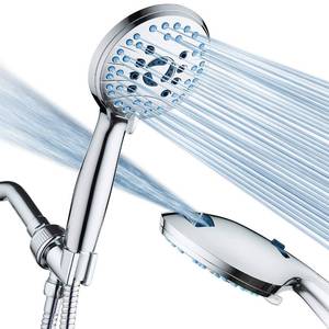 lot 12379 image: AquaCare High Pressure 8-mode Handheld Shower Head - Anti-clog Nozzles, Built-in Power Wash to Clean Tub, Tile & Pets, Extra Long 6 ft. Stainless Steel Hose, Wall & Overhead Brackets (Used)
