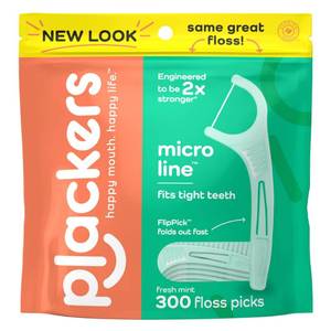 lot 12395 image: Plackers Micro Line Dental Floss Picks, Fold-Out FlipPick, Tuffloss, Easy Storage with Sure-Zip Seal, Fresh Mint Flavor, 300 Count