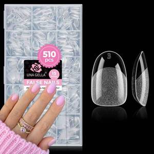 lot 12409 image: UNA GELLA Short Oval Nail Tips, 510Pcs 15 Sizes Pre-Buffed Full Cover False Nails, No File Needed Inner Matte Soft Gel Nail Tips, Clear PMMA Soak Off Acrylic Nail Extensions for DIY Home Salon