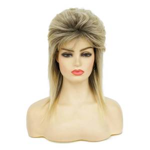 lot 12426 image: Swiking Mullet Wigs for Women Blonde Curly Soft Heat Resistant Shoulder Length Hair 80s Rocker Cosplay Halloween Dark Roots Synthetic Wigs (Blonde Mix Black)