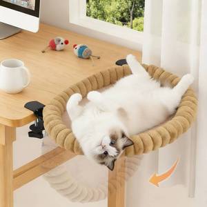 lot 13810 image: Pawow Large Cat Desk Bed, 90° Foldable Space-Saving & Sturdy Dual-Clamp, 2 Washable Covers(Faux Fur & Mesh), Metal Frame, Supports up to 40 Lbs, Pet Perch Desktop Hammock for Small to Large Cats