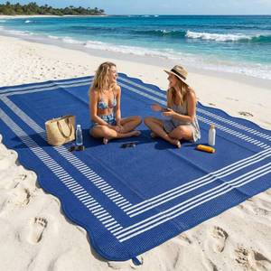 lot 13813 image: Garvee Waterproof Outdoor Rug 8x10, Scalloped Geometric Foldable Plastic Straw Patio Camping Rug, Outdoor RV Carpet for Deck Camper Porch Balcony Backyard Picnic Beach Blue