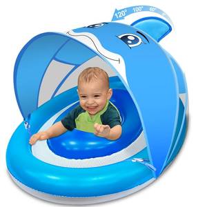 lot 14011 image: Dolphin Baby Float with Canopy for Age 6-36 Months UPF 50 Sun Protection Never Flip Over Dual Air Chambers Adjustable Safety Seat 4 Stage Adjustable Canopy Inflatable Swim Pool Float Toddler Infant