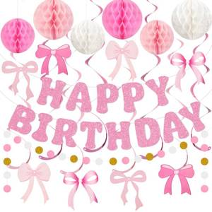 lot 14016 image: Amandir Pink Birthday Decorations for Girls Women, Glitter Happy Birthday Banner with Honeycomb Balls, Bow Hanging Swirls Streamers, Circle Dots Garland, Coquette Party Decorations