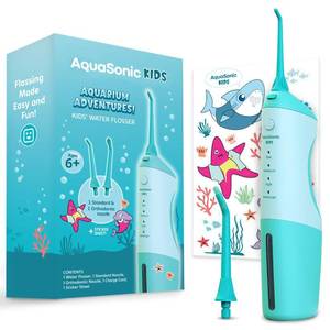 lot 14030 image: AquaSonic Kids Water Flosser for Ages 6  Standard Nozzle, Orthodontic Nozzle & Waterproof Stickers  4 Flossing Modes  Aquarium Adventures Theme (Blue)