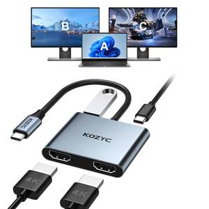 lot 14041 image: USB C to Dual HDMI Adapter 4K30Hz, KOZYC USB C Hub Multiport Adapter with 2xHDMI, USB 3.0, 100W PD, Support USB C to HDMI Splitter Extended Display for MacBook Pro (MST is not Supported on MacOS)