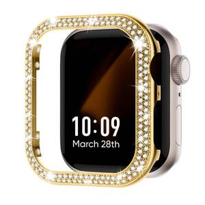 lot 14063 image: Missair Bling Case Compatible with Apple Watch Series 6 5 4 SE, Women Glitter Double Row Crystal Diamond Frame Stainless Steel Metal Protective Cover Bumper for iWatch 44mm, Gold