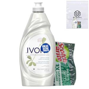 lot 14088 image: GLOBAL PACKING SOLUTIONS Ivory Grease Cutting Dish Soap, Classic Scent, Gentle on Hands, 24 Fl Oz bundled with Heavy Duty Scotch Brite Sponge
