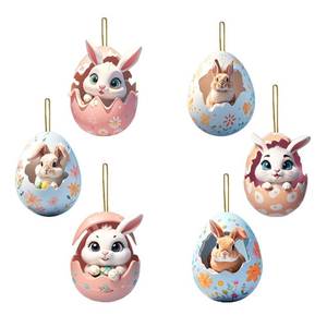 lot 14089 image: 6 Pcs Easter Eggs Decorations Hanging Ornaments Spring Cartoon Eggs Hatching Bunny Designs 2D Flat Easter Tree Ornaments Cute Mini Rabbit Tree Hanging Ornament for Home Office Party Supplies