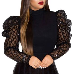 lot 14090 image: acelyn Womens Elegant Sequin Mesh Sheer Puff Long Sleeve Mock Neck Slim Fit Party Blouse Shirt Top Black S