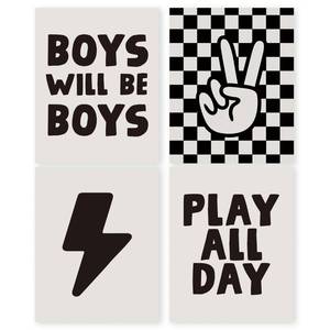 lot 14095 image: HRQKO Boys Room Wall Art Set of 4, Kids Positive Boys Play All Day Posters Printing Wall Decor, Black Checkered Hand Prints for Nursery Playroom 8x10 Unframed