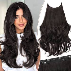 lot 14103 image: KooKaStyle Invisible Wire Hair Extensions 20 Long Wavy Layered Synthetic Clip in Hair Extension with Transparent Wire Adjustable Size 6 Secure Clips Dark Brown Thick Hairpieces for Women20 Inch,150g