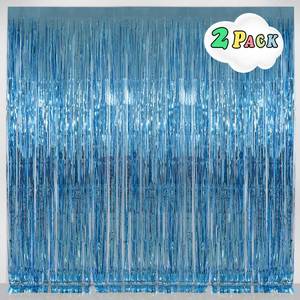 lot 14106 image: Light Blue Foil Fringe Curtains Party Decorations, Melsan 3.2 x 8 ft Foil Curtains Tinsel Backdrop for Ocean, Baby Shark Theme Birthday Decorations - Pack of 2