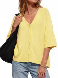 lot 14109 image: Saodimallsu Womens Oversized Cardigans Summer Batwing Half Sleeve Lightweight Knit Button V Neck Casual Sweater Tops Yellow