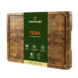 lot 15854 image: THETCHRY Teak Wood Cutting Boards for Kitchen, End Grain Cutting Board with Juice Groove Handles Non-slip Feet, Reversible Wooden Chopping Board Serving Tray for Cheese and Vegetables, 16.5 x 11.6