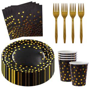 lot 15855 image: Sveikie 160 Pcs Black and Gold Paper Plates, Forks and Cups Party Supplies, black birthday plates Tableware Supplies for Birthdays, Graduations, Weddings, Holidays Serves 30 (7 inches)