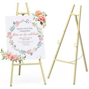 lot 15878 image: Gold Metal Easel Stand 46.7, Heavy Duty Floor Display Easel, Adjustable 4-Tier with Chain Support, Wedding Welcome Sign Holder, Poster Stand, Easy to Assemble, Assembly Required (1 Pack)