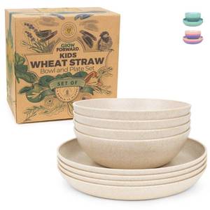 lot 15897 image: Grow Forward Wheat Straw Kids Plates and Bowls Sets - 8-Piece Unbreakable Dishwasher & Microwave Safe Plastic Plates for Kids - Reusable Non Toxic BPA-Free Dinnerware for Children - Sahara