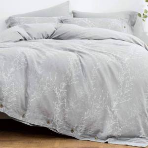lot 15898 image: OREISE Duvet Cover Set FullQueen Size Washed Cotton Yarn, Jacquard Gray and White Thin Branch Pattern Floral Style 3Piece Bedding Set