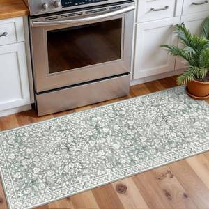 lot 15917 image: SILOLOOM Vintage Washable 2x5 Rug Runner, Sage Green Grey Runners for hallways, Super Soft Kitchen Runner Rug Non Slip, Printed Faux Wool Floral Thin Carpet Runner for Entryway Laundry Room Bedroom
